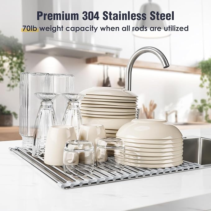 Tomorotec Roll Up Dish Drying Rack Over Sink, 304 Steel, Marble | Anti-Slip - Image 5