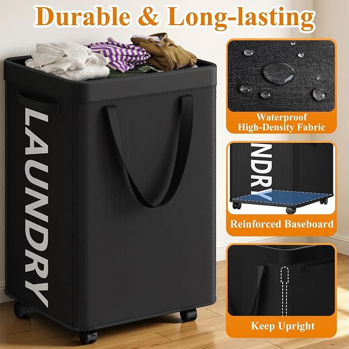 Optish 90L Laundry Basket with Wheels, Rolling Hamper with Removable Bag - Image 6
