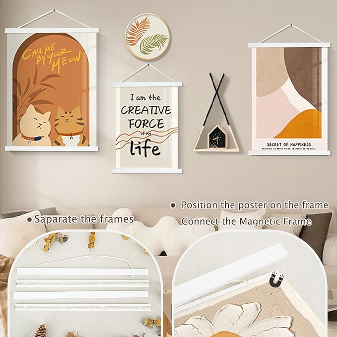 Artmag 2 Pack Magnetic Poster Hanger Frame, 20x28 20x30 20x26 Light Wood Wooden Magnet Canvas Artwork Print Dowel Poster Hangers Frames Hanging Kit (White, 20",2 Packs)