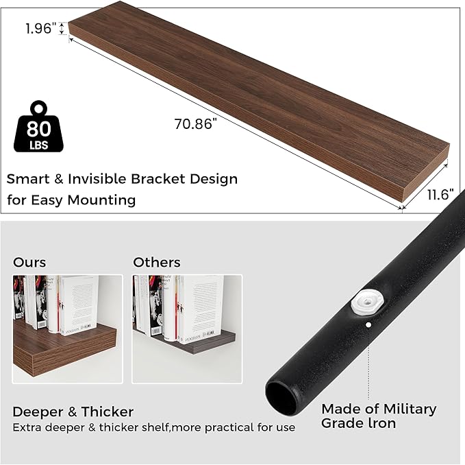 Floating Shelves for Wall 72"W x 11.6"D x 2"H, Long Engineered Wood Wall Shelves with Invisible Brackets for Living Room Bedroom Bathroom Office Kitchen Decor and Storage, Walnut Finish, Set of 1
