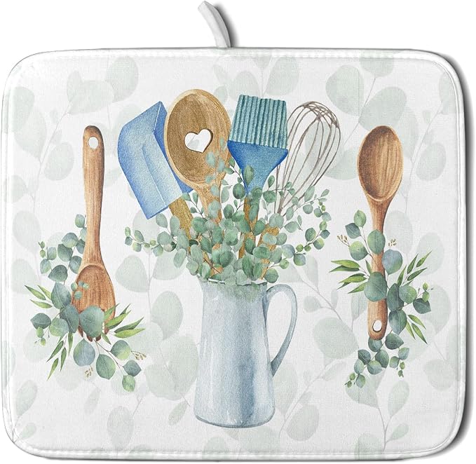 Sage Green Dish Drying Mat for Kitchen Counter, Cooking Supplies Reversible by Giwawa