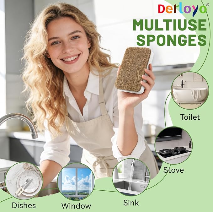 Natural Kitchen Sponges-12 Pack, Cellulose & Coconut Scrubber Dish Sponges | - Image 6