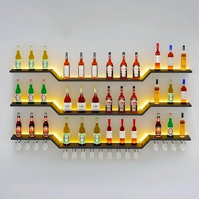 31.5" Wall Mounted LED Wine Rack, 3-Tier Floating Bar Shelves, Large Liquor Shelf with Wine Glass Rack, Large Bar Rack Wall Mounted for Liquor Bottles, Home Bar, Dining Room or Cafe, Black