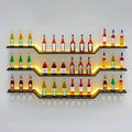 31.5" Wall Mounted LED Wine Rack, 3-Tier Floating Bar Shelves, Large Liquor Shelf with Wine Glass Rack, Large Bar Rack Wall Mounted for Liquor Bottles, Home Bar, Dining Room or Cafe, Black