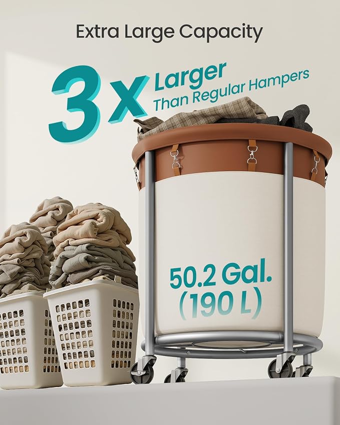 SONGMICS Laundry Basket with Wheels, 190 L, Steel Frame, Removable Bag - Image 3