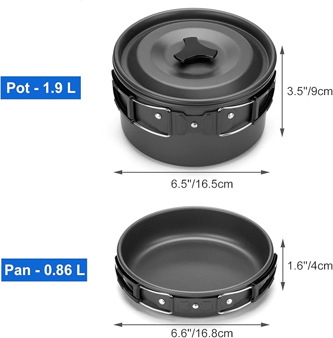 Odoland Camping Cookware Mess Kit, Lightweight Pot Pan Kettle with 2 Cups, Fork Spoon Kit Stainless Steel, gray for Backpacking, Outdoor Camping Hiking and Picnic