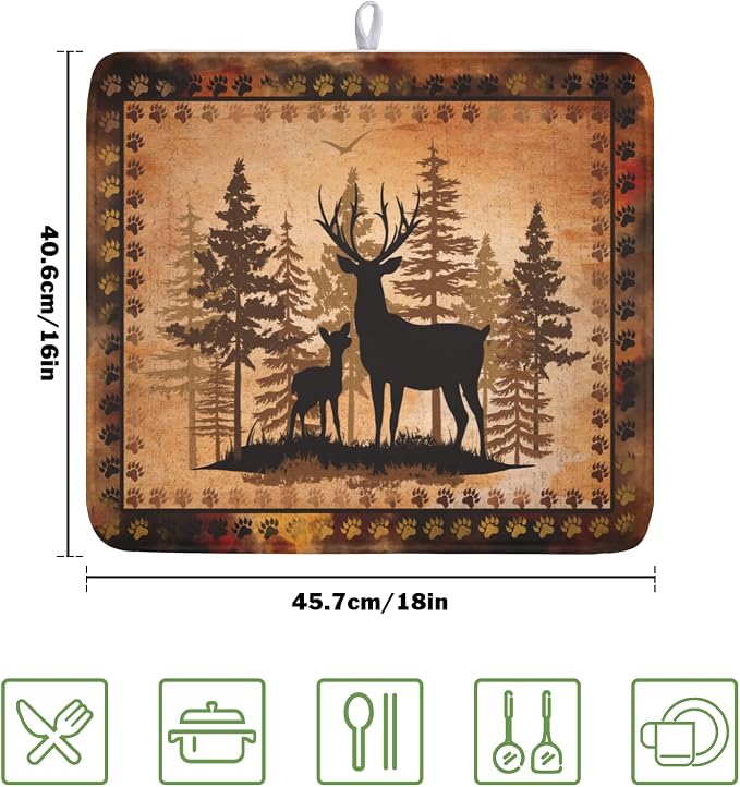 Giwawa Forest Deer Dish Drying Mat Wildlife Animal Dishes Pad 16"x18" - Image 2