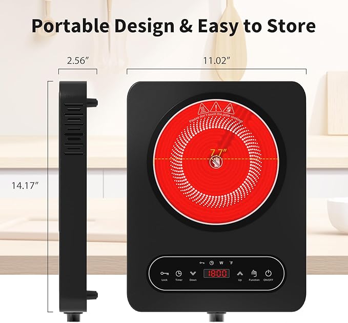 VBGK Single Burner Electric Cooktop, 110V 1800W Electric Cooktop with LED Touch Controls and Knob Controls, 10 Power Levels, 4-Hour Timer, Safety Lock, Single Burner Overheat Protection