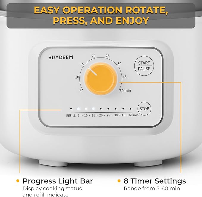 BUYDEEM G32 Electric Food Steamer 1.6QT, Stainless Steel Steamer for Vegetable Egg Seafood, 8 Time Settings, Triple Dry Protection, Quick Steam, Healthy Cooking for 1-2 Servings, Arctic White