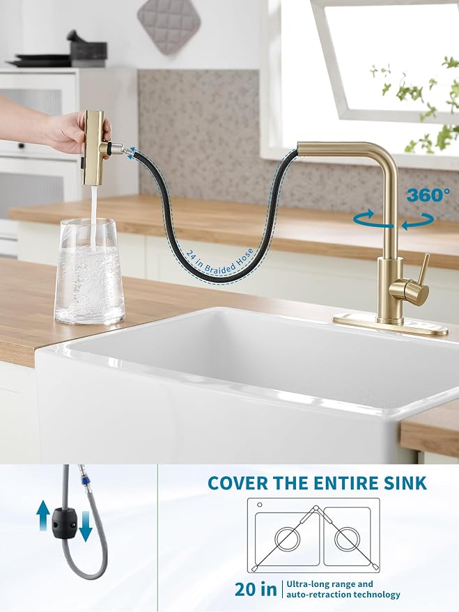 Gold Kitchen Faucets with Pull Down Sprayer, Waterfall Kitchen Sink Faucet - Image 8