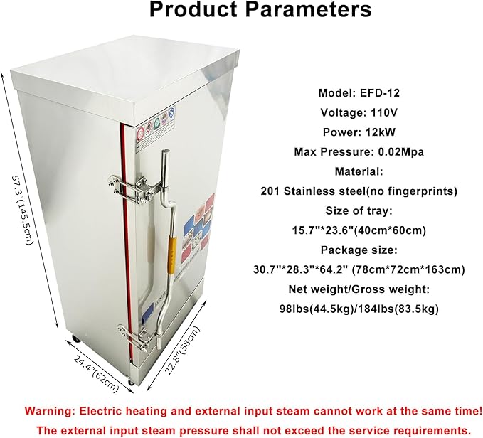 Commercial Electric Food Steamer Multi-function Stainless Steel Steam Warmer Cabinet with 12 Trays 110V 12KW 0.02Mpa Max Pressure
