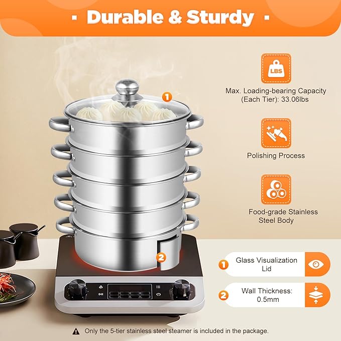 Stainless Steel Steamer Pot, 10.3-Inch Steamer for Cooking, 5-Tier Food Steam Pots with Lid for Cooking Vegetables, Seafood, Soups, Stews, Dumplings and Pasta