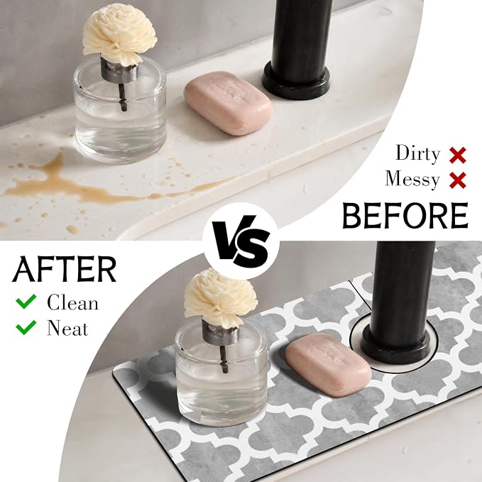 Modern Moroccan Grey Stripe Kitchen Sink Splash Guard Faucet Mat, Faucet - Image 3