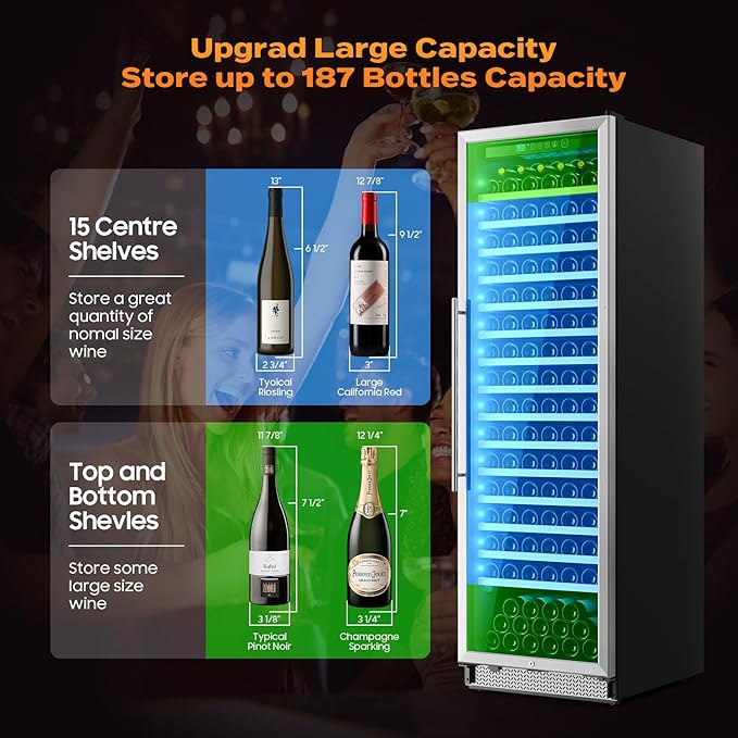 24 Inch Wine Fridge, 187-Bottle Large Capacity Wine Cooler Refrigerator, Freestanding or Built-in Tall Wine Cooler with Upgraded Compressor, Low Noise For Home