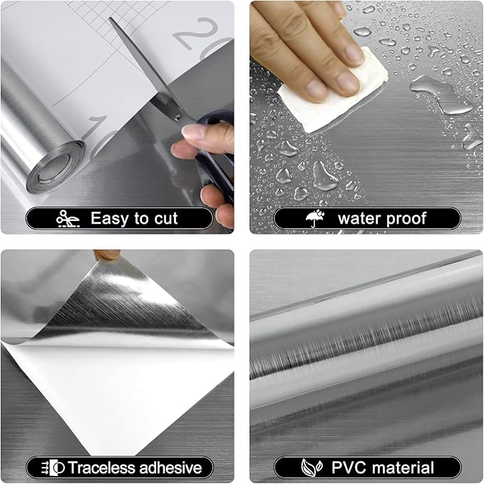Stainless Steel Contact Paper Peel and Stick Countertop Silver Metallic Refrigerator Wrap Contact Paper DIY Waterproof Wallpaper for Kitchen Backsplash Dishwasher A Set of 23.6"x240"