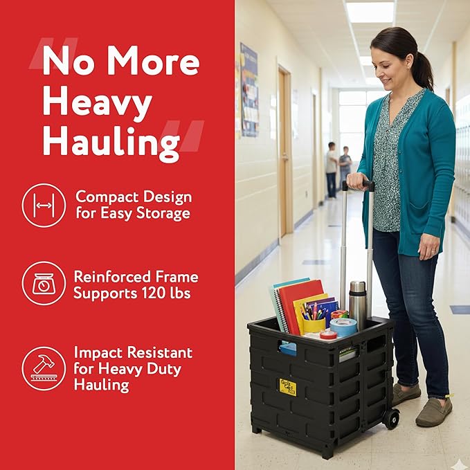 dbest products Quik Cart Pro Wheeled Rolling Crate Teacher Utility with seat Heavy Duty Collapsible Basket with Handle, Aluminum, Black