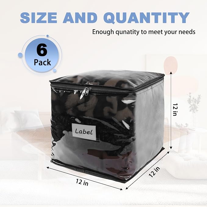 Clear Zippered Plastic Clothes Storage Bags, 6 Pack, Size: 12 x 12 x 12 Inch - Image 2