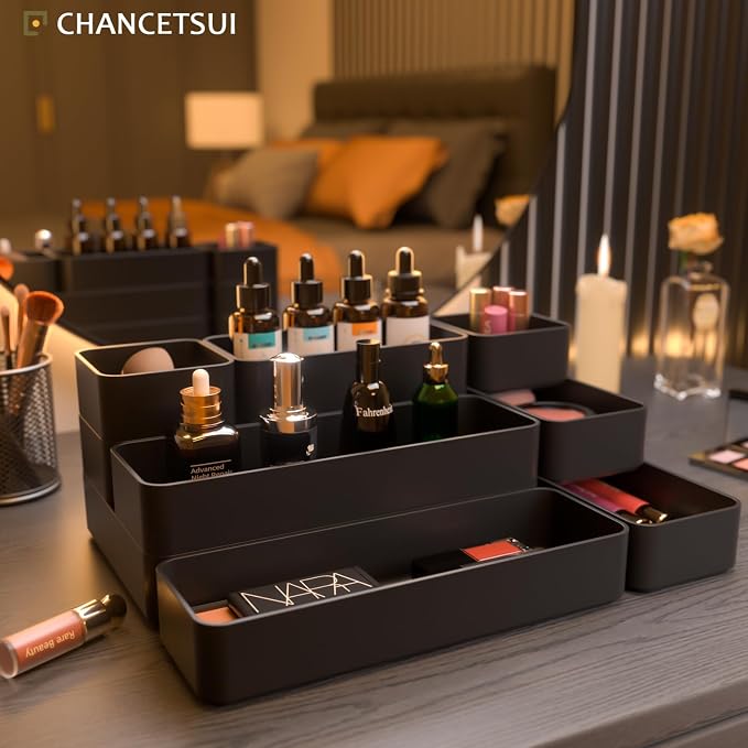 Black Bathroom Drawer Organizer Trays: 9 PC Stackable Desk Organizers Bin | - Image 2