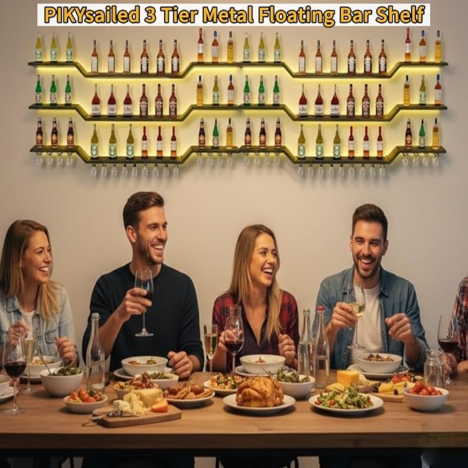 78.7" Wall Mounted LED Wine Rack, 3-Tier Floating Bar Shelves, Large Liquor Shelf with Wine Glass Rack, Large Bar Rack Wall Mounted for Liquor Bottles, Home Bar, Dining Room or Cafe, Black