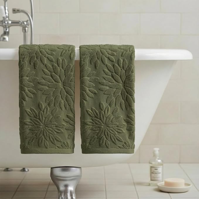 Artoid Mode 2 Pcs Olive Green 3D Dahlia Floral Jacquard Hand Towels - Image 4
