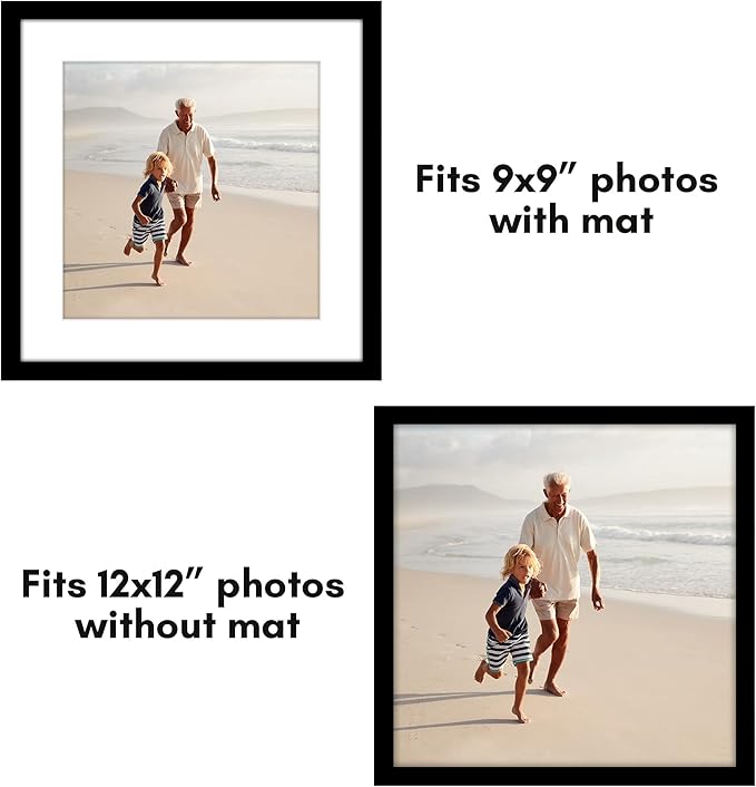 Americanflat 12x12 Picture Frame with Polished Plexiglass - Set of 5 - Use as 9x9 Frame with Mat or Display 12x12 Photo Without Mat - Galleria Collection - Square Frames for Wall Display - Black