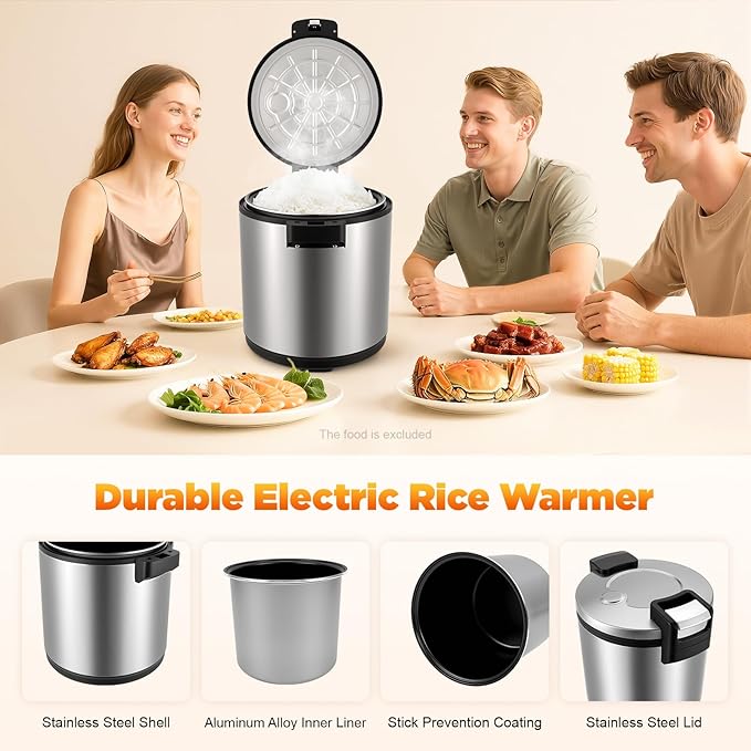 120 Cup Large Capacity Commercial Rice Cooker Warmer with Nonstick Inner Pot, Adjust Temper Soup Warmers Sushi Rice Warmer for Restaurant Party Family, Only Warm Function (Stainless Steel Style)