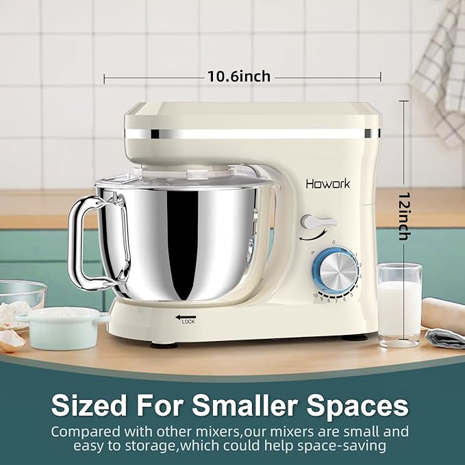 HOWORK Electric Stand Mixer,10+p Speeds Kitchen Mixer With 6.5QT Stainless Steel Bowl,Dough Hook, Wire Whip & Beater,for Most Home Cooks White