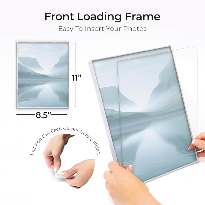 MANTELLO ESSENTIALS Front Loading White Picture Frame 8.5x11 - Set of 6 - Table Desk Wall hanging For Artwork - Certificates Diplomas - Family Gallery Multi Photo Frame