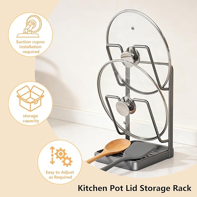 Kitchen Pot Lid Storage Rack, Pot Lid Holder with Tray, Lid Holder While Cooking, Multifunctional Kitchen Organizer Stand for Stove Top (Gray, Double-layer)