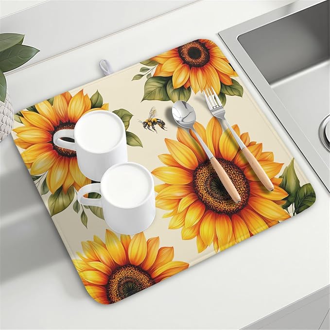 Sunflower Dish Drying Mat 16x18 Inch Absorbent Reversible Summer Drying Mat - Image 8