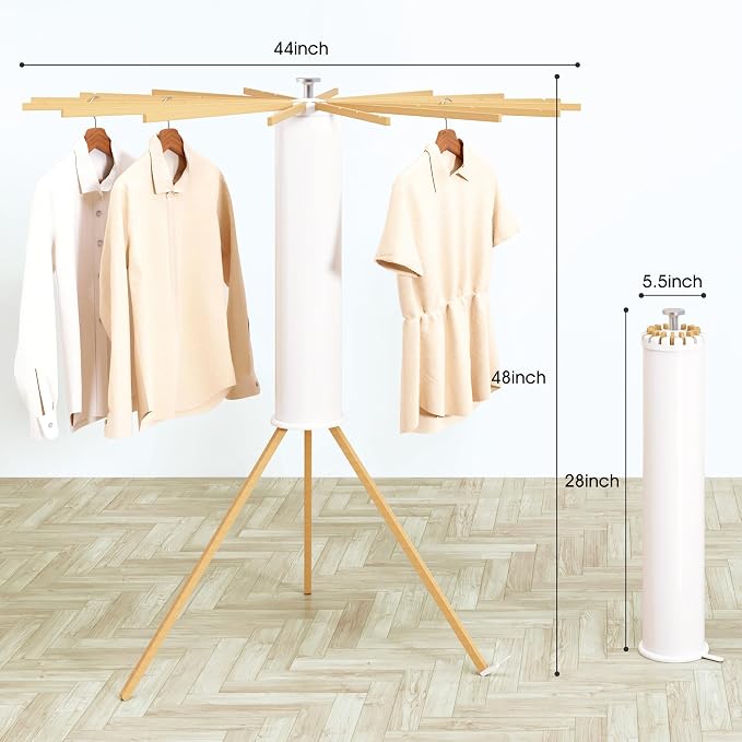 Heavy-Duty Wooden Tripod Clothes Drying Rack, 16 Rods, Large Capacity, 360° - Image 2