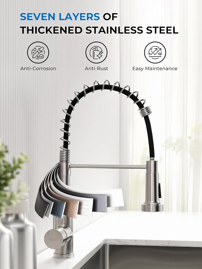 WEWE Pull-Out Kitchen Faucet, 2-Mode Sprayer, Brushed Nickel, High Arc | - Image 8