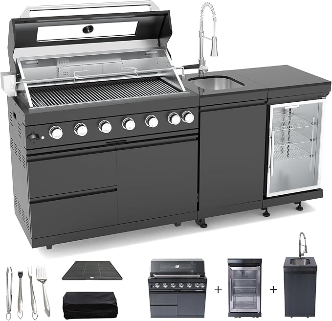 Outdoor Kitchen Island, 82 Inch 6 Burner Gas Grill Combination With Refrigerator and Sink, Outdoor Stainless Steel Barbecue Bar, 85000 BTU Propane Grill for Patios, Gardens, Parties
