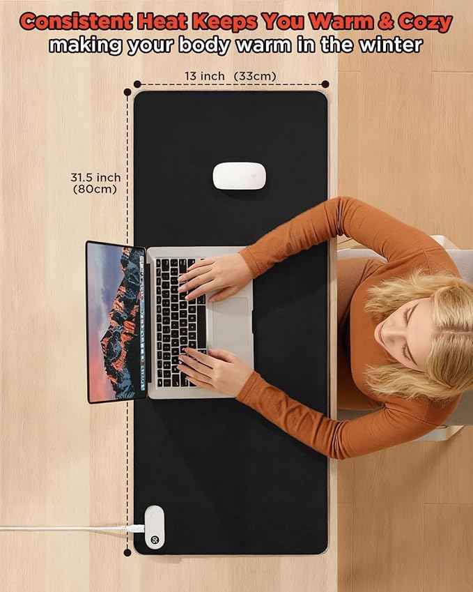 Resen Heated Desk Pad, 31.5x13 Fast Heating Mouse Pad with 5 Temperature Settings, Digital Display, Auto Shut-Off, PVC Leather Surface for Office and Home Use, Energy Efficient & Safe (Black)