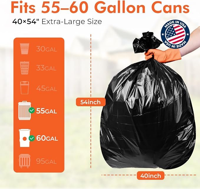 Delxo 55-60 Gallon Trash Bags, 40×54'' Large Black Garbage Bag | - Image 2