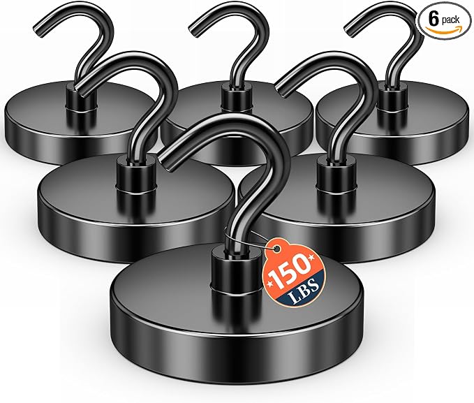 FINDMAG 6 Pack Black Magnet Hooks, 150LB+ Magnetic Hooks by FINDMAG