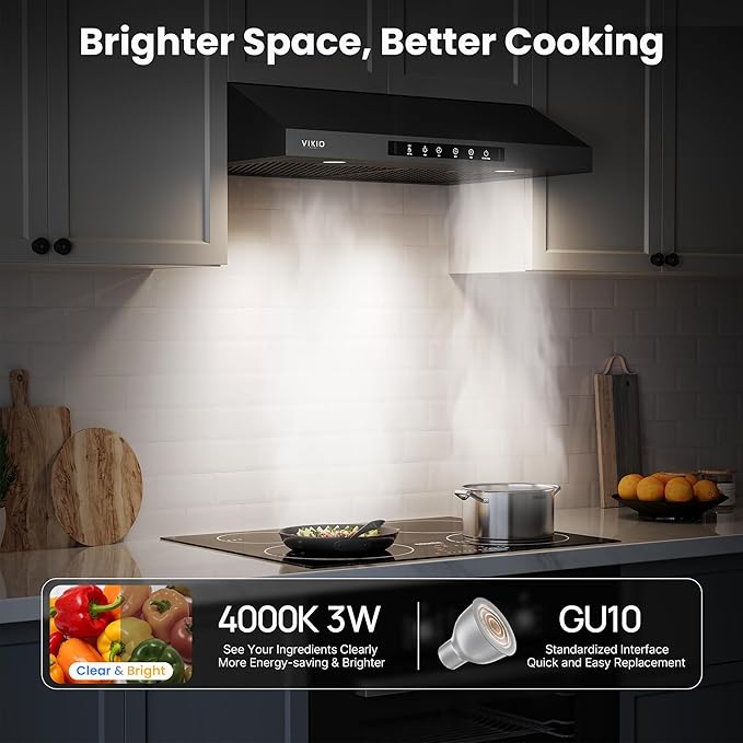 Range Hood 30 Inch Under Cabinet, 900CFM Stainless Steel Kitchen Stove Vent Hood, Touch/Gesture Control, 3 Speed Exhaust Fan, LED Lights, Reusable 5-Layer Aluminum Filters, Black