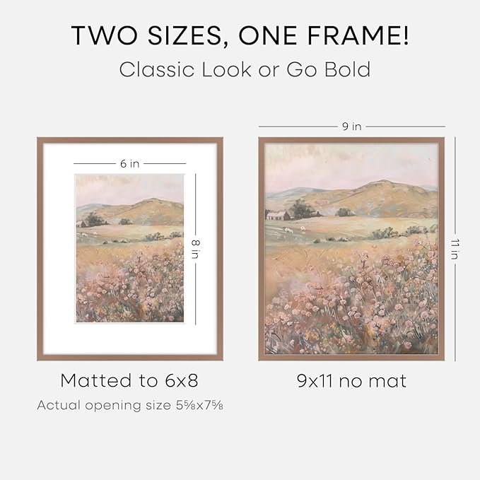 Homeforia 9x11 Mocha Frame, High End Metal 9 x 11 Picture Frames with Mat 6 by 8 inch Photo, 9by11 Thin Poster Frame Matted to 6x8 Print, 11x9 Wall or Tabletop Frame, Tempered Glass, Wall Kit, Set of 1
