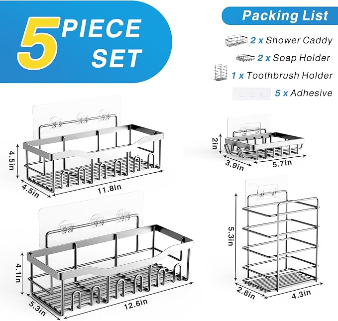 EUDELE 5-Pack Adhesive Shower Caddy Organizer, Large Capacity Rustproof - Image 6