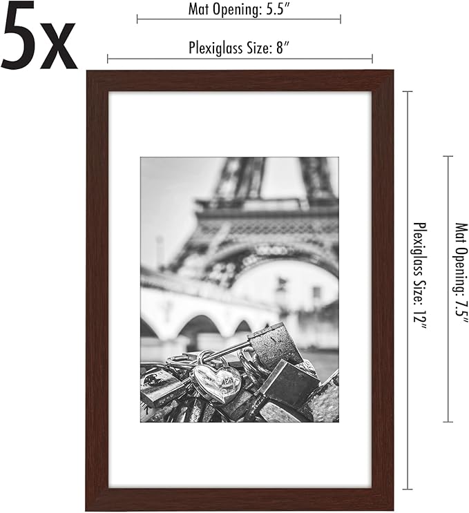 Americanflat 8x12 Picture Frame with Polished Plexiglass - Set of 5 - Use as 6x8 Frame with Mat or Display 8x12 Photo Without Mat - Galleria Collection - Picture Frames for Wall Display - Mahogany