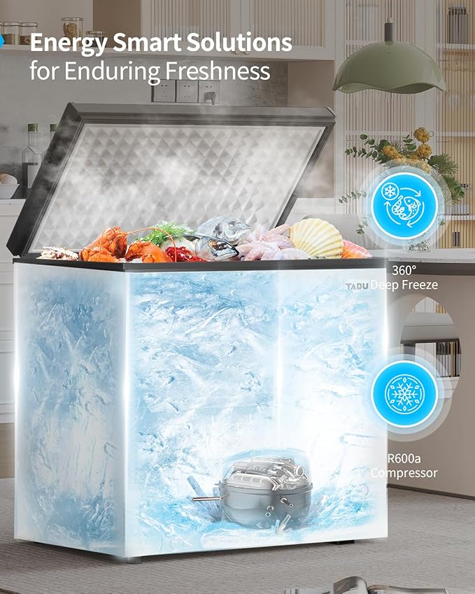 TABU 12.0 Cu Ft Chest Deep Freezer, Large Freestanding Chest Freezer with 7 Level Adjustable Thermostat, Compact Top-opening Deep Freezer with Removable Storage Basket, Black