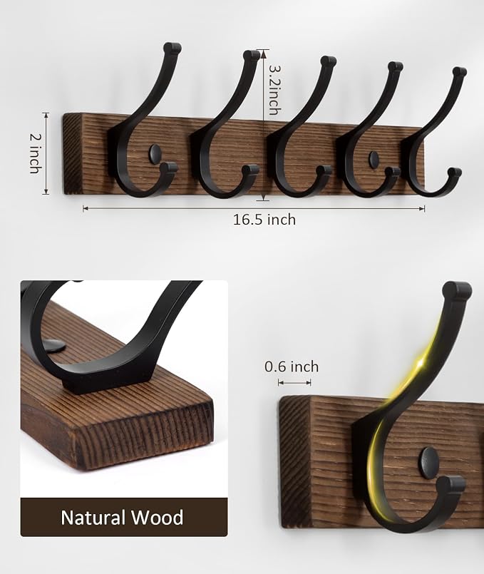 Optish Coat Rack Wall Mount, 16.5 Inches Wood Coat Hooks, Wall Hooks - Image 2