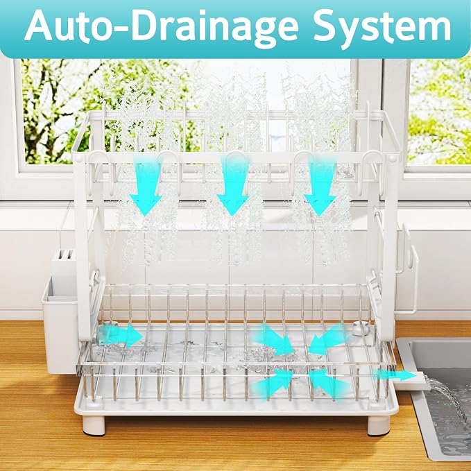 2-Tier Dish Drying Rack for Kitchen Counter, Space-Saving, Auto Drain Spout - Image 3