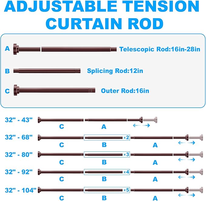 TEECK Shower Curtain Rod, 32-104 inch Adjustable Spring Tension Curtain Rod - Image 7