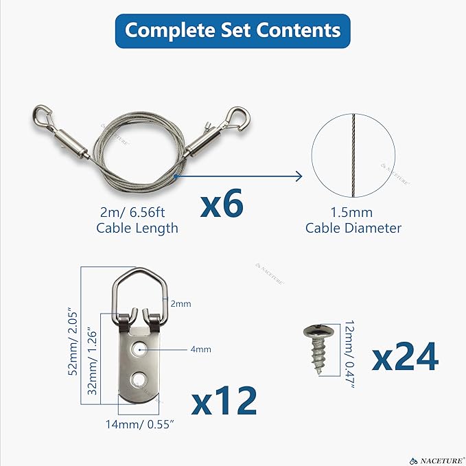 Picture Frame Security Hanging Kit – 6 Pack X 2M Steel Safety Cables with 12 Double-Hole D-Ring Hangers, Heavy-Duty Anti-Drop Wire System for Photos, Posters, Artwork & Gallery Displays