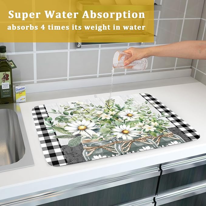 Daisy Floral Dish Drying Mat for Kitchen Counter Watercolor Flowers Absorbent - Image 7