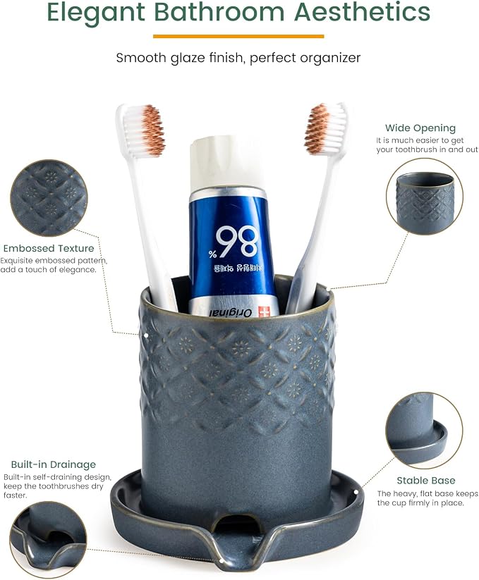 Zoeeker Toothbrush Holder, Ceramic Toothbrush and Toothpaste Holder Set | - Image 3