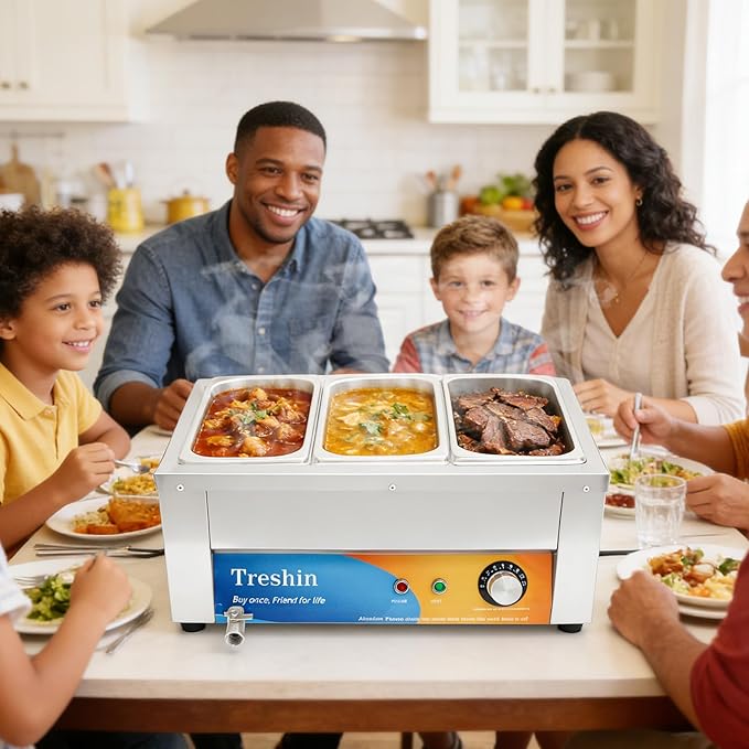 Treshin 3 Pan Commercial Food Warmer 21 Qt Capacity 1200W Stainless Steel Electrical Bain Marie Buffet Food Warmer Steam Table with Temperature Control & Lid for Home, Party, Catering, Restaurants