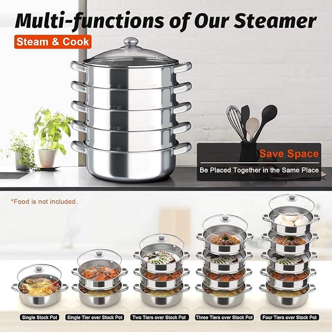 Steamer 30cm/11.81in, 5-tier Stainless Steel Steam Cooker w/Clear Glass Lid & Handles, Home Round Stackable Multipurpose Steam Pot for All Stoves, 14.37 * 15.55in (1xBottom Pot, 4xSteaming Baskets)