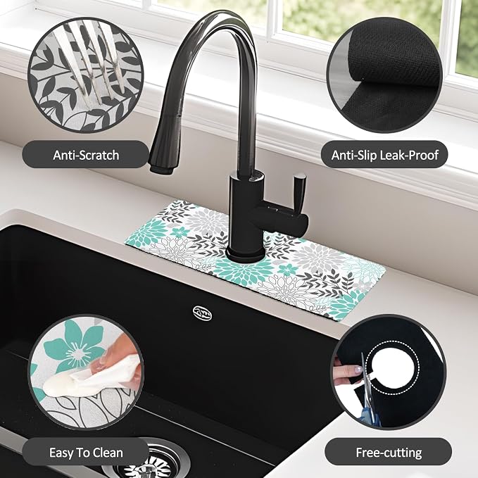 15" X 5.5" Kitchen Sink Splash Guard Faucet Mat Floral Super Absorbent Fast - Image 6